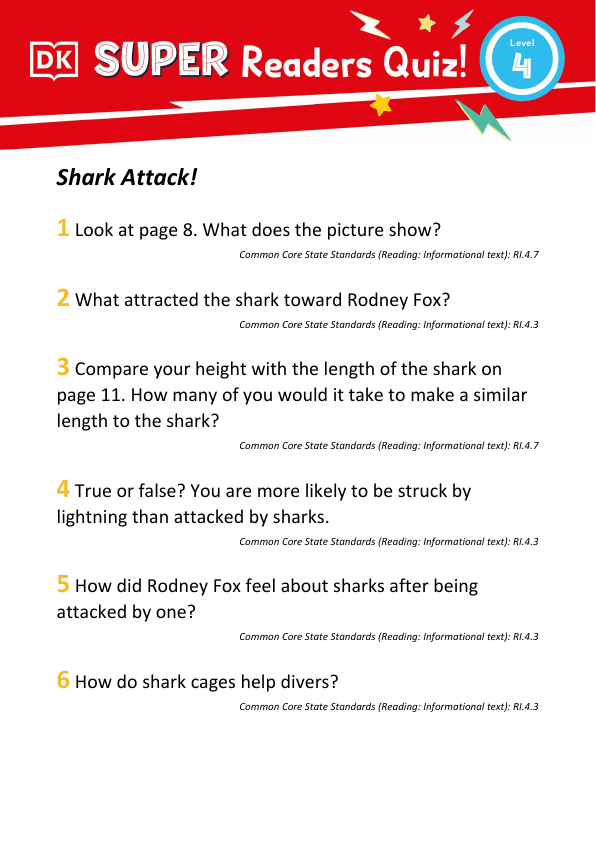 Level 4 Shark Attack! Comprehension Quiz