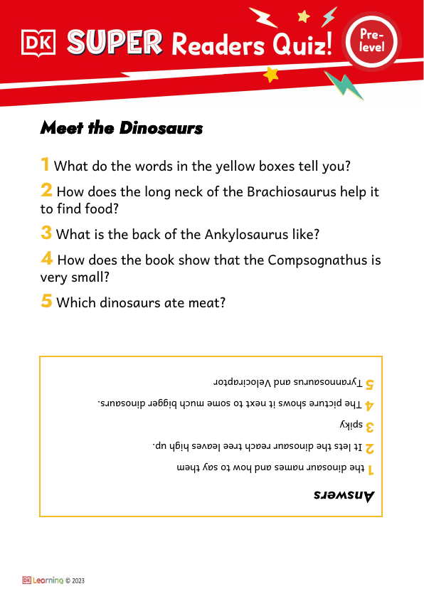Pre-level Meet the Dinosaurs Comprehension Quiz